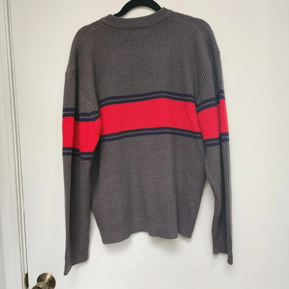 Sun River Mens XL Gray Waffle Knit Sweater Red Navy Stripe Crewneck 100% Acrylic